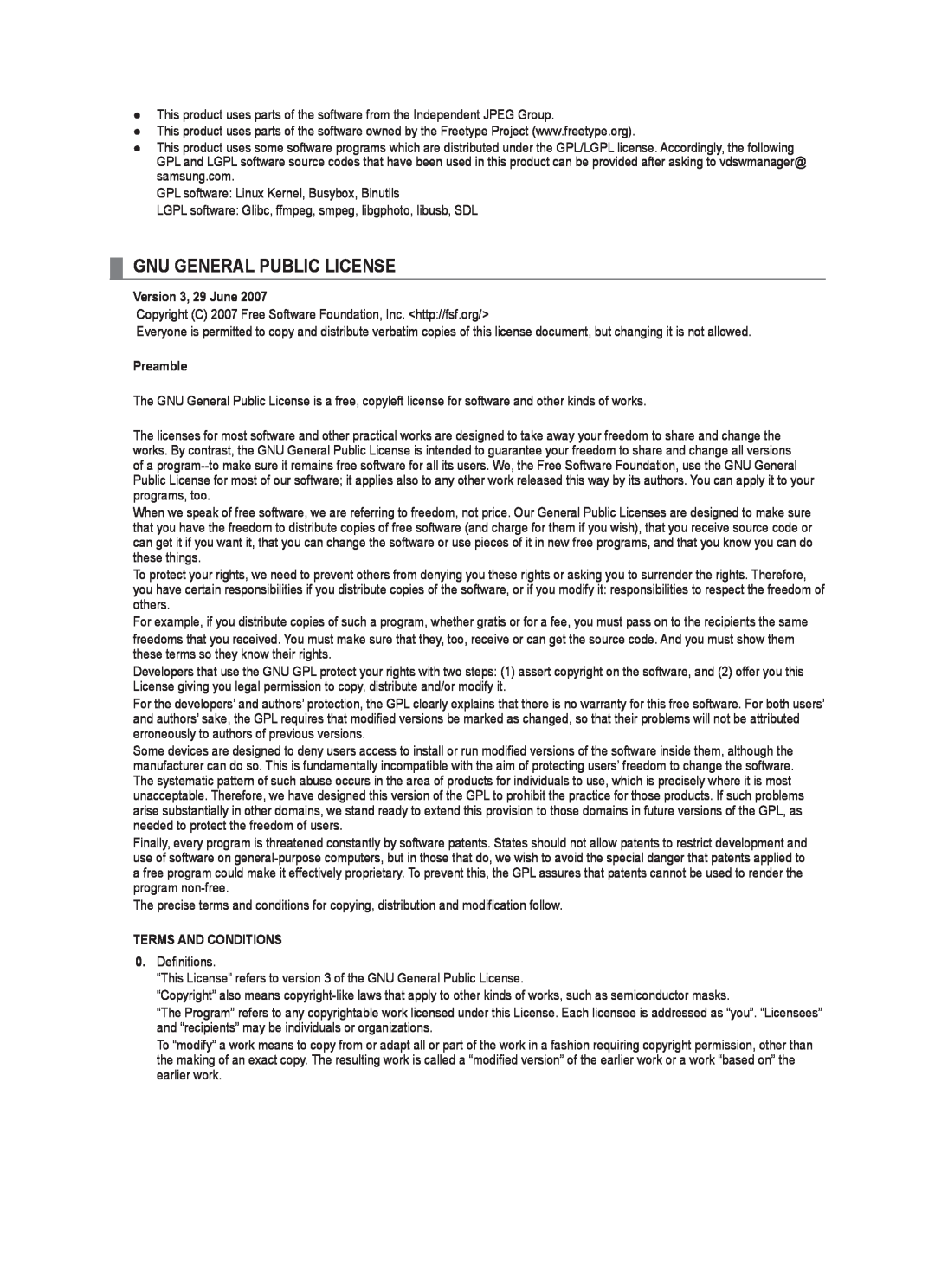 Samsung LA40B750U1R, LA52B750U1R user manual Gnu General Public License, Version 3, 29 June, Preamble, Terms And Conditions 