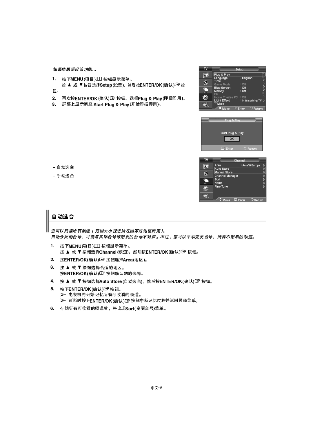 Samsung LA40F8 Menu Setup ENTER/OK ENTER/OK Plug & Play Start Plug & Play, Menu Channel ENTER/OK ENTER/OK Area, Auto Store 