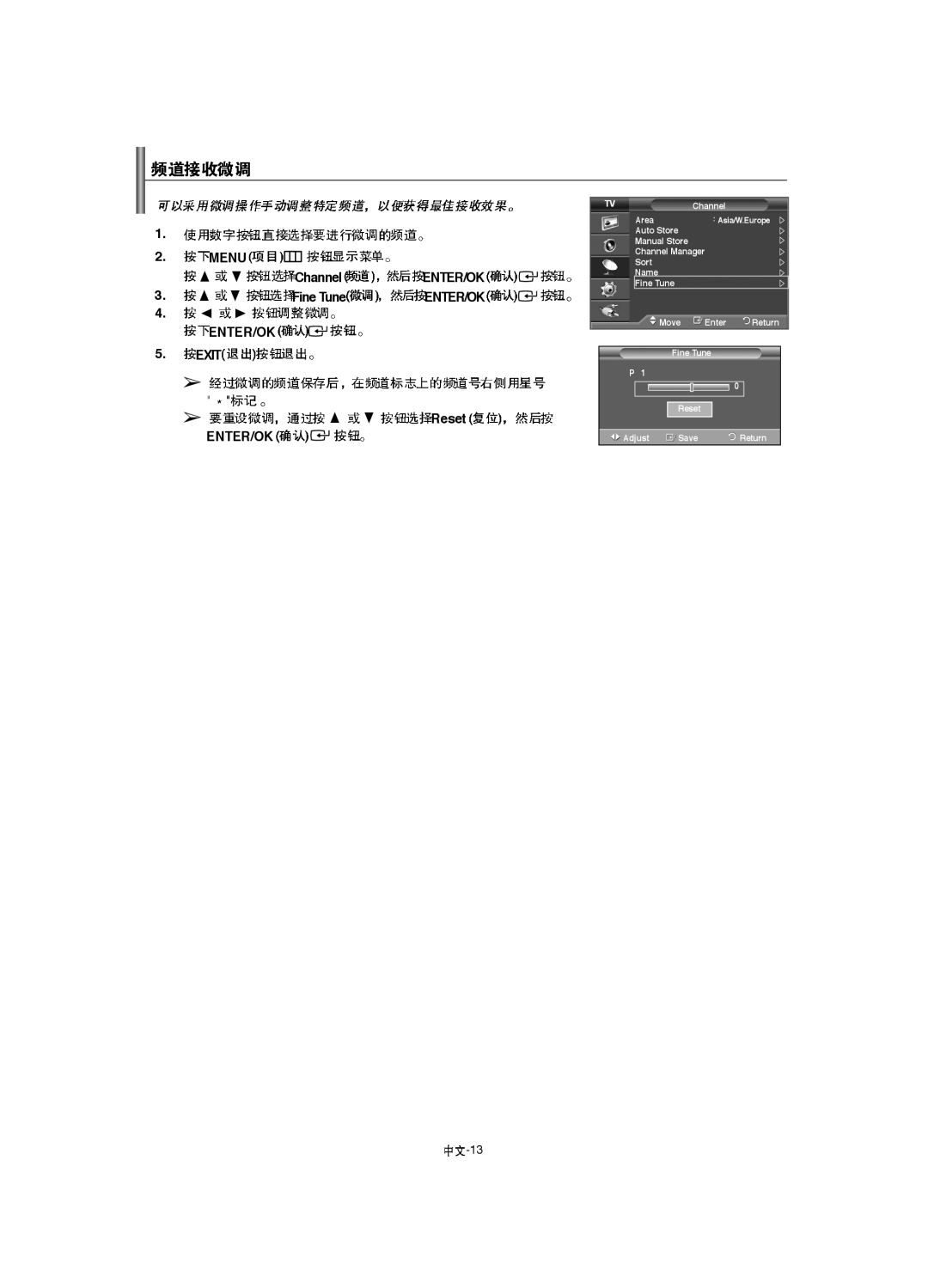 Samsung LA52F8, LA46F8, LA40F8 manual Menu Channel ENTER/OK Fine Tune ENTER/OK Exit Reset 