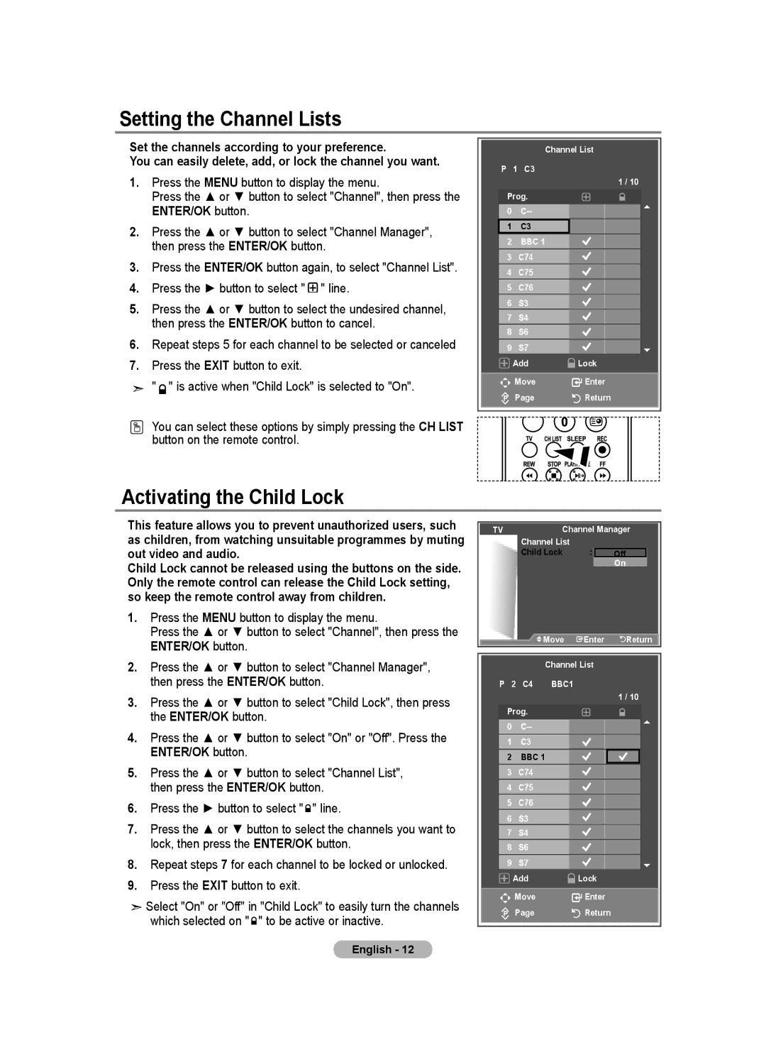 Samsung LA46M8, LA52M8, LA40R8, LA37R8, LA32R8 manual Setting the Channel Lists, Activating the Child Lock 