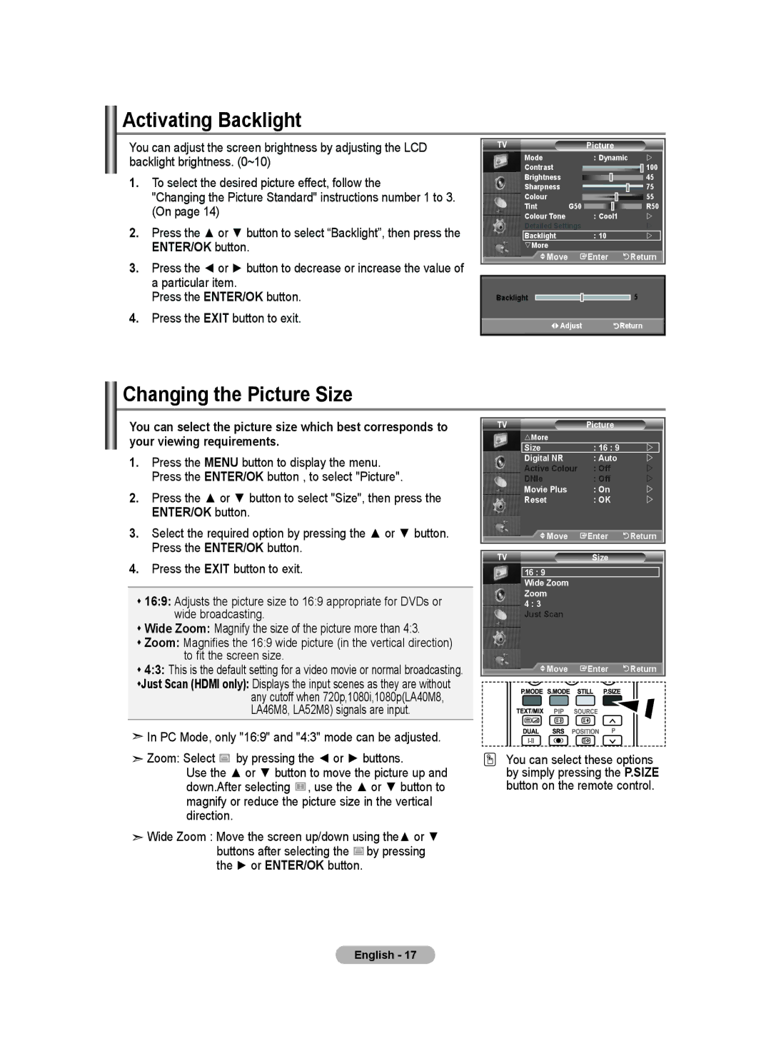 Samsung LA46M8, LA52M8, LA40R8, LA37R8, LA32R8 manual Activating Backlight, Changing the Picture Size, ENTER/OK button 