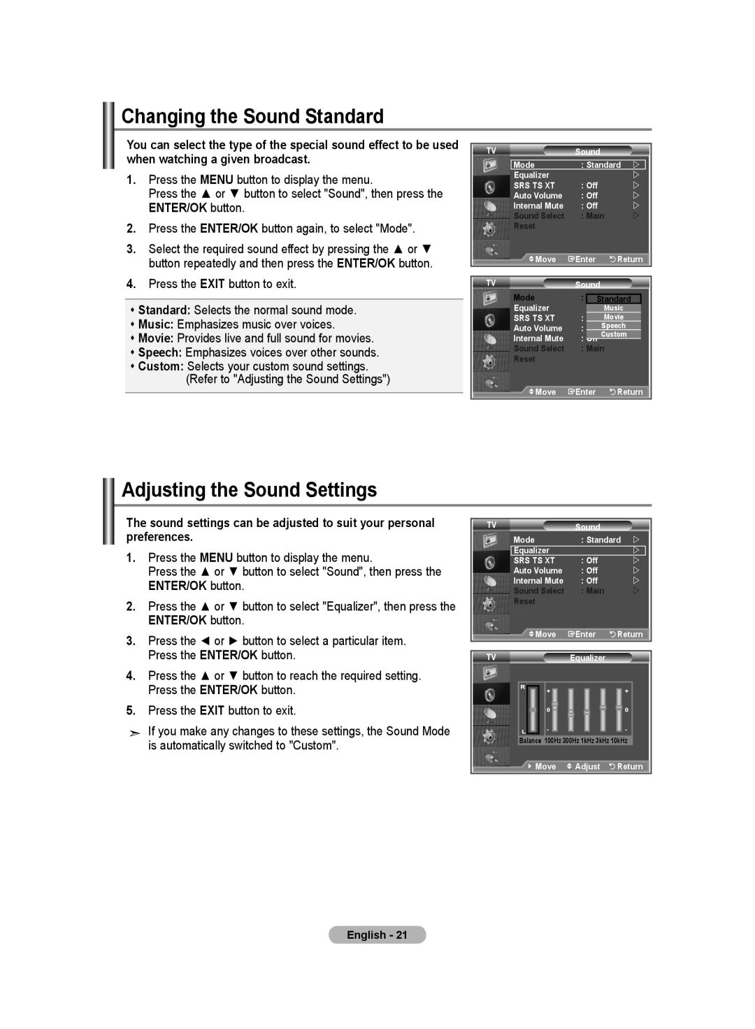 Samsung LA32R8, LA52M8, LA40R8, LA37R8, LA46M8 manual Changing the Sound Standard, Adjusting the Sound Settings 