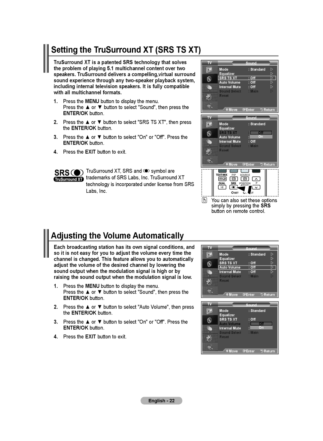 Samsung LA46M8, LA52M8, LA40R8, LA37R8, LA32R8 manual Setting the TruSurround XT SRS TS XT, Adjusting the Volume Automatically 