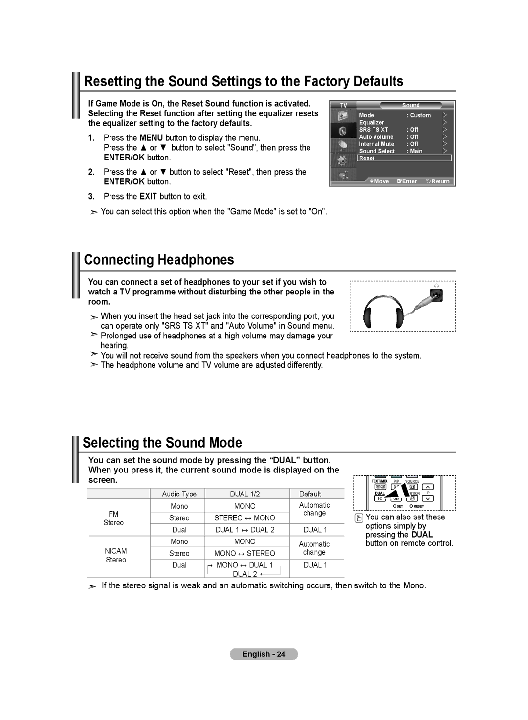 Samsung LA40R8 manual Resetting the Sound Settings to the Factory Defaults, Connecting Headphones, Selecting the Sound Mode 