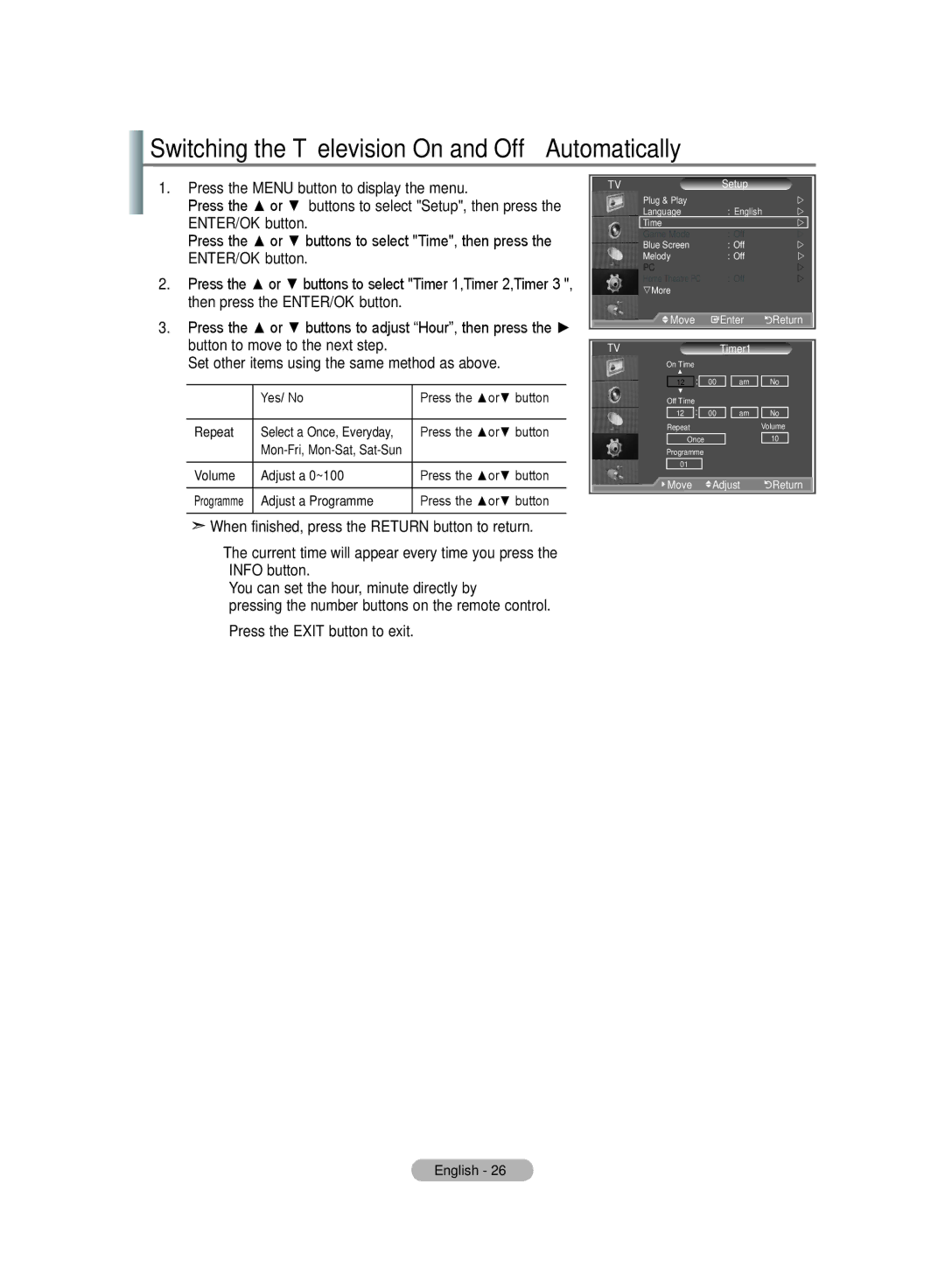 Samsung LA32R8, LA52M8, LA40R8, LA37R8, LA46M8 manual Switching the Television On and Off Automatically 