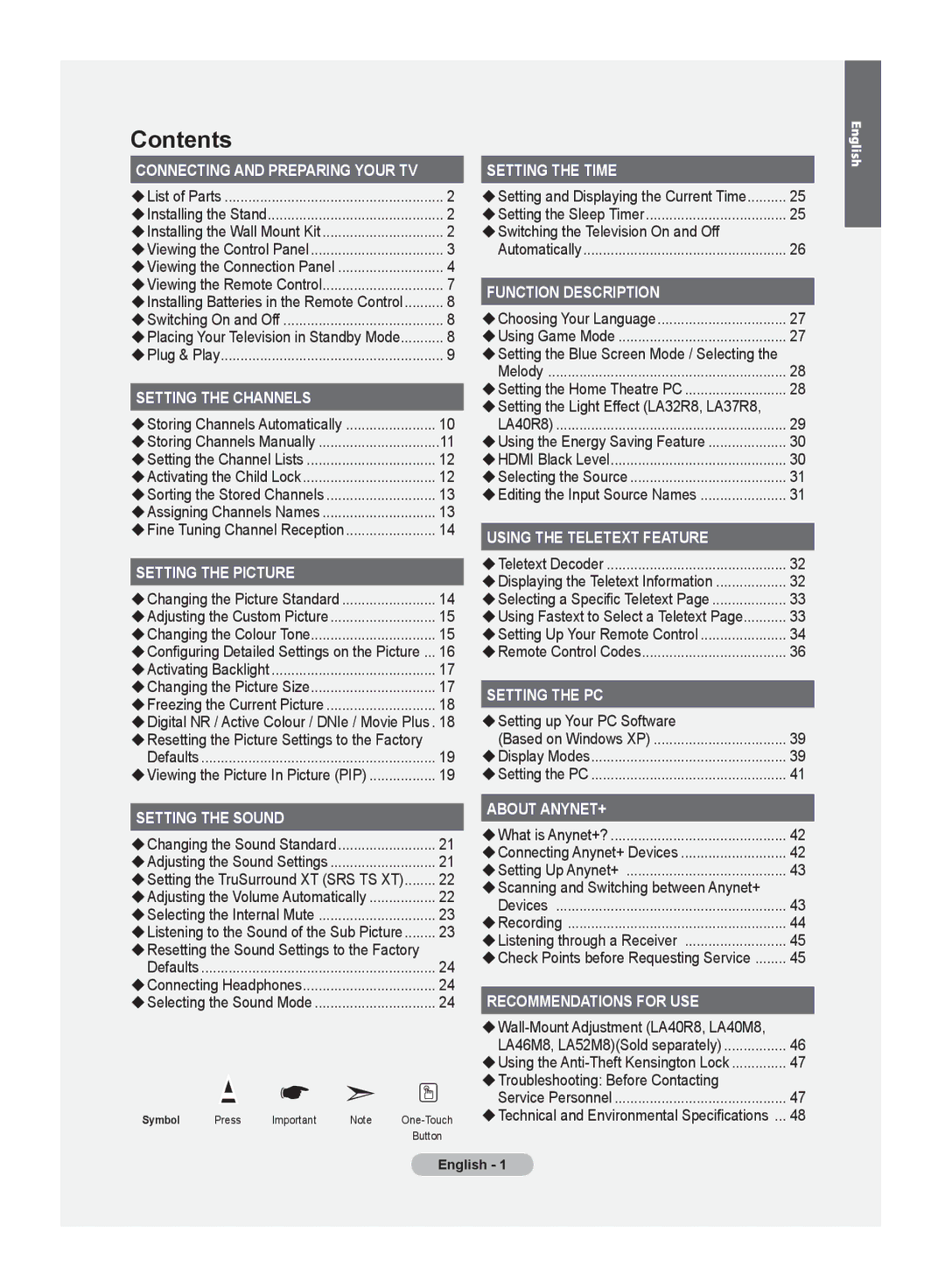 Samsung LA32R8, LA52M8, LA40R8, LA37R8, LA46M8 manual Contents 