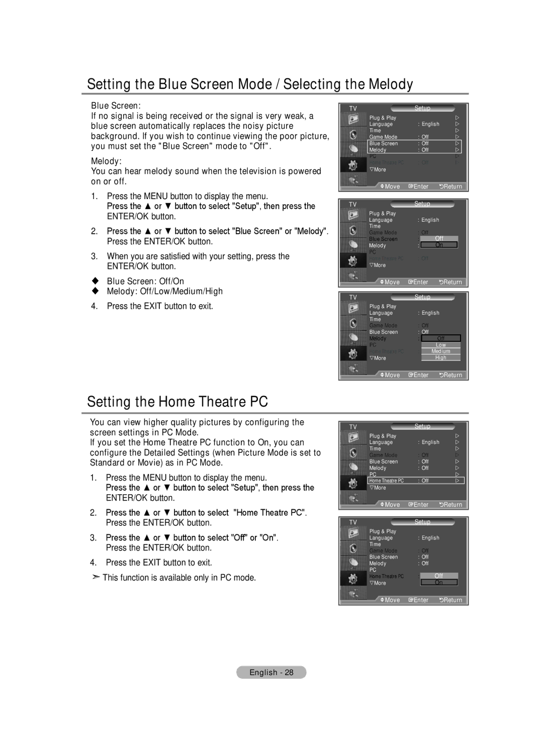 Samsung LA52M8, LA40R8, LA37R8, LA32R8 manual Setting the Blue Screen Mode / Selecting the Melody, Setting the Home Theatre PC 