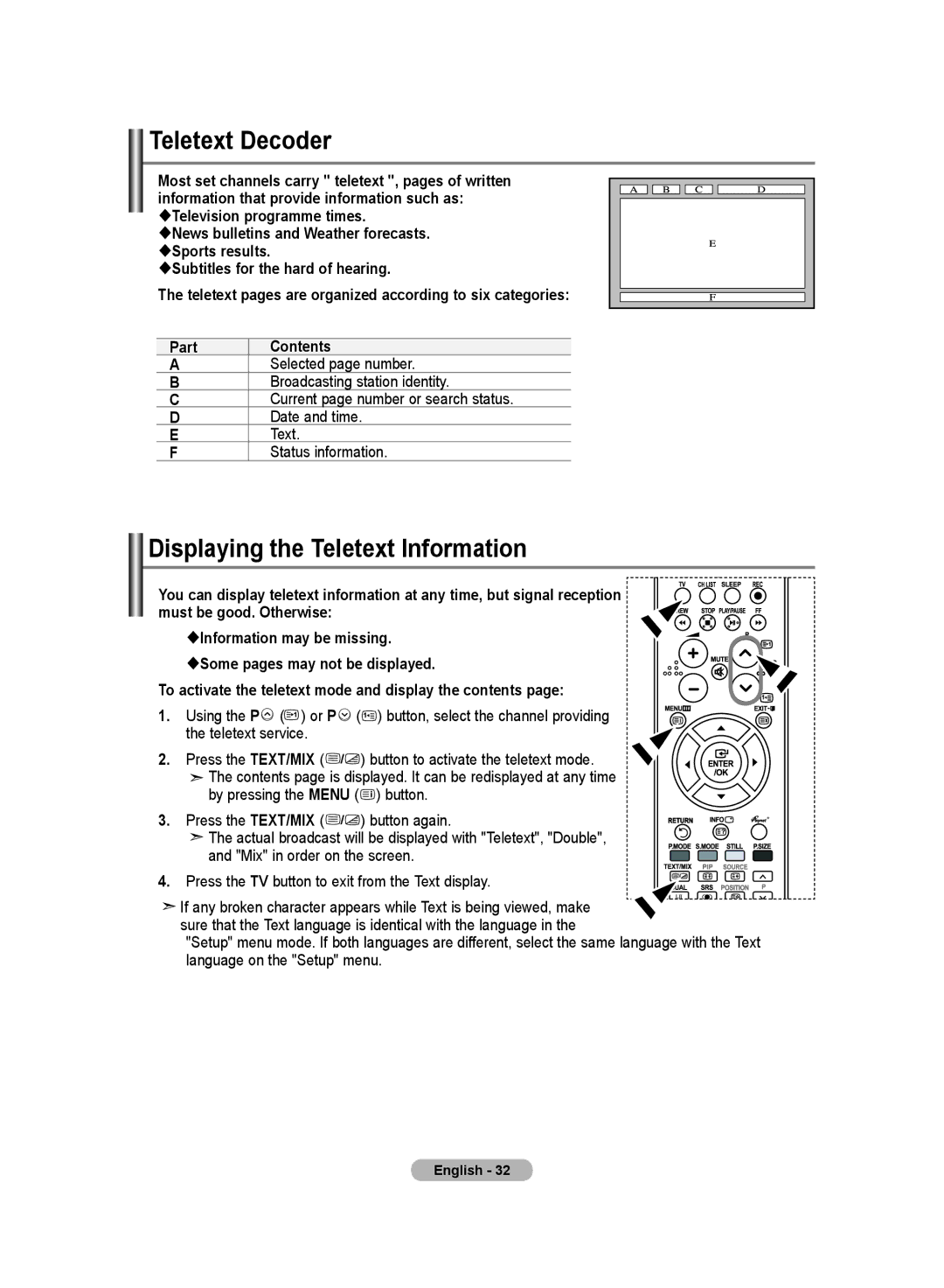 Samsung LA46M8, LA52M8, LA40R8, LA37R8, LA32R8 manual Teletext Decoder, Displaying the Teletext Information 