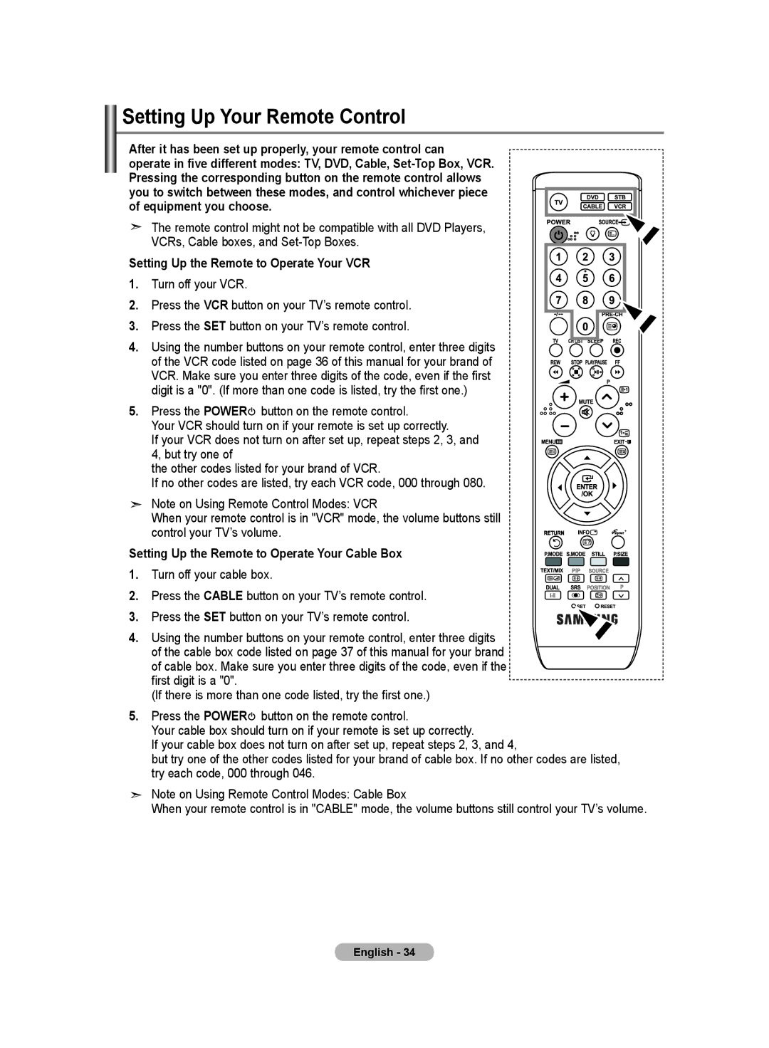 Samsung LA40R8, LA52M8, LA37R8 Setting Up Your Remote Control, After it has been set up properly, your remote control can 