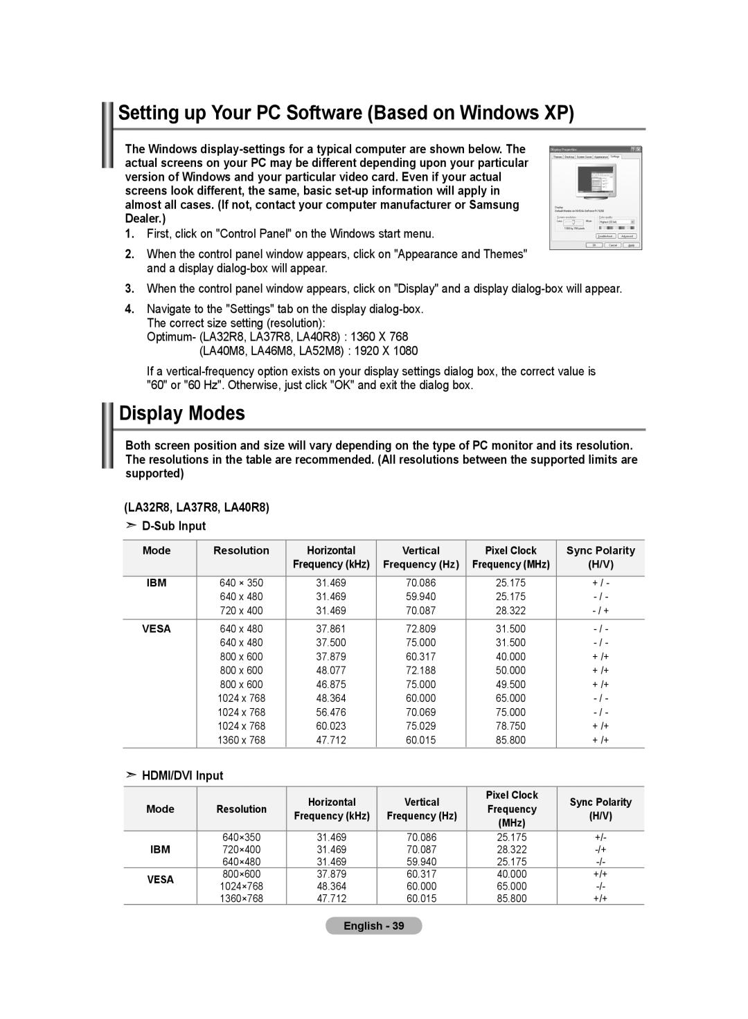 Samsung LA40R8, LA52M8, LA37R8, LA32R8, LA46M8 Setting up Your PC Software Based on Windows XP, Display Modes, HDMI/DVI Input 