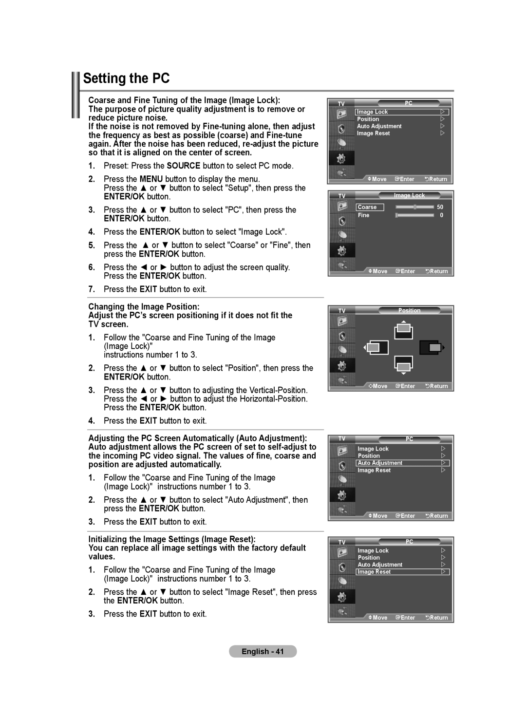 Samsung LA32R8, LA52M8, LA40R8, LA37R8, LA46M8 manual Setting the PC, Press the or button to select PC, then press 