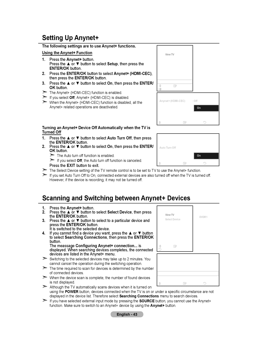 Samsung LA52M8, LA40R8, LA37R8, LA32R8, LA46M8 manual Setting Up Anynet+, Scanning and Switching between Anynet+ Devices 