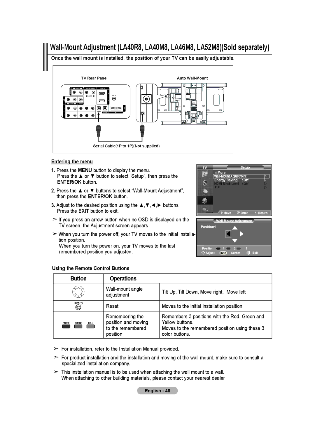 Samsung LA32R8 Entering the menu, Using the Remote Control Buttons, Position and moving Yellow buttons To the remembered 