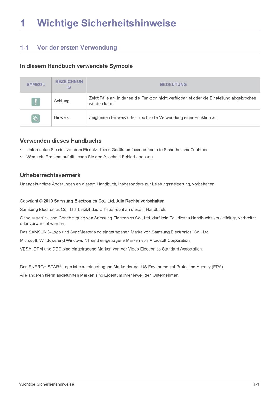 Samsung LS19CBBMS/EN, LC1940R-AB/KR, LS19CBRMS/EN, LS24CBUABV/EN manual Vor der ersten Verwendung, Symbol Bezeichnun Bedeutung 