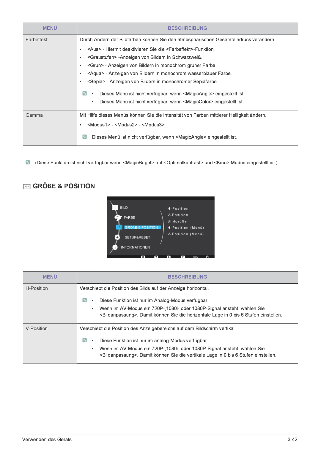 Samsung LS19CLASBUEN manual GRÖßE & POSITION, H-Position, Verschiebt die Position des Bilds auf der Anzeige horizontal 