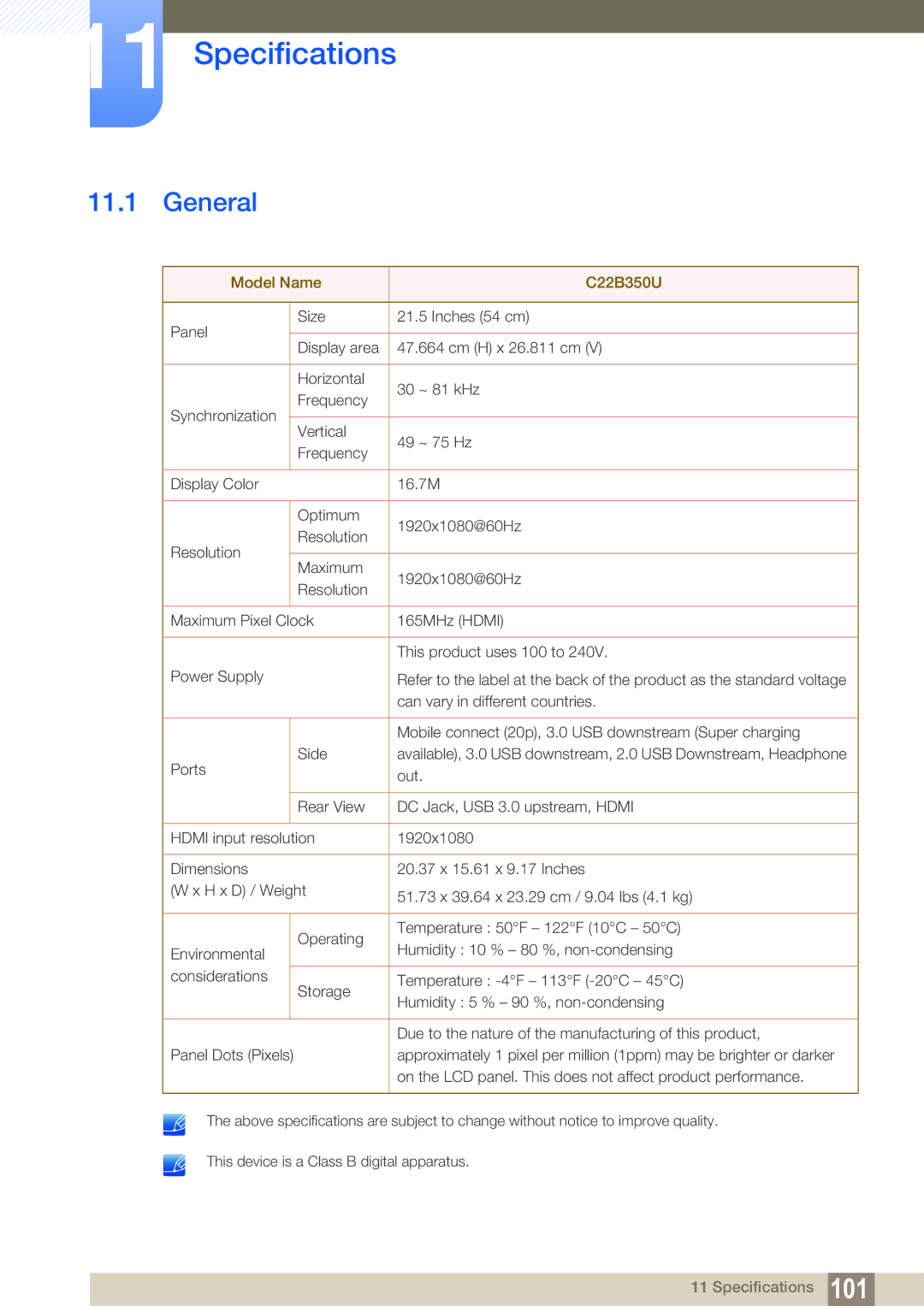 Samsung LC22B350US/CI manual Specifications, General 