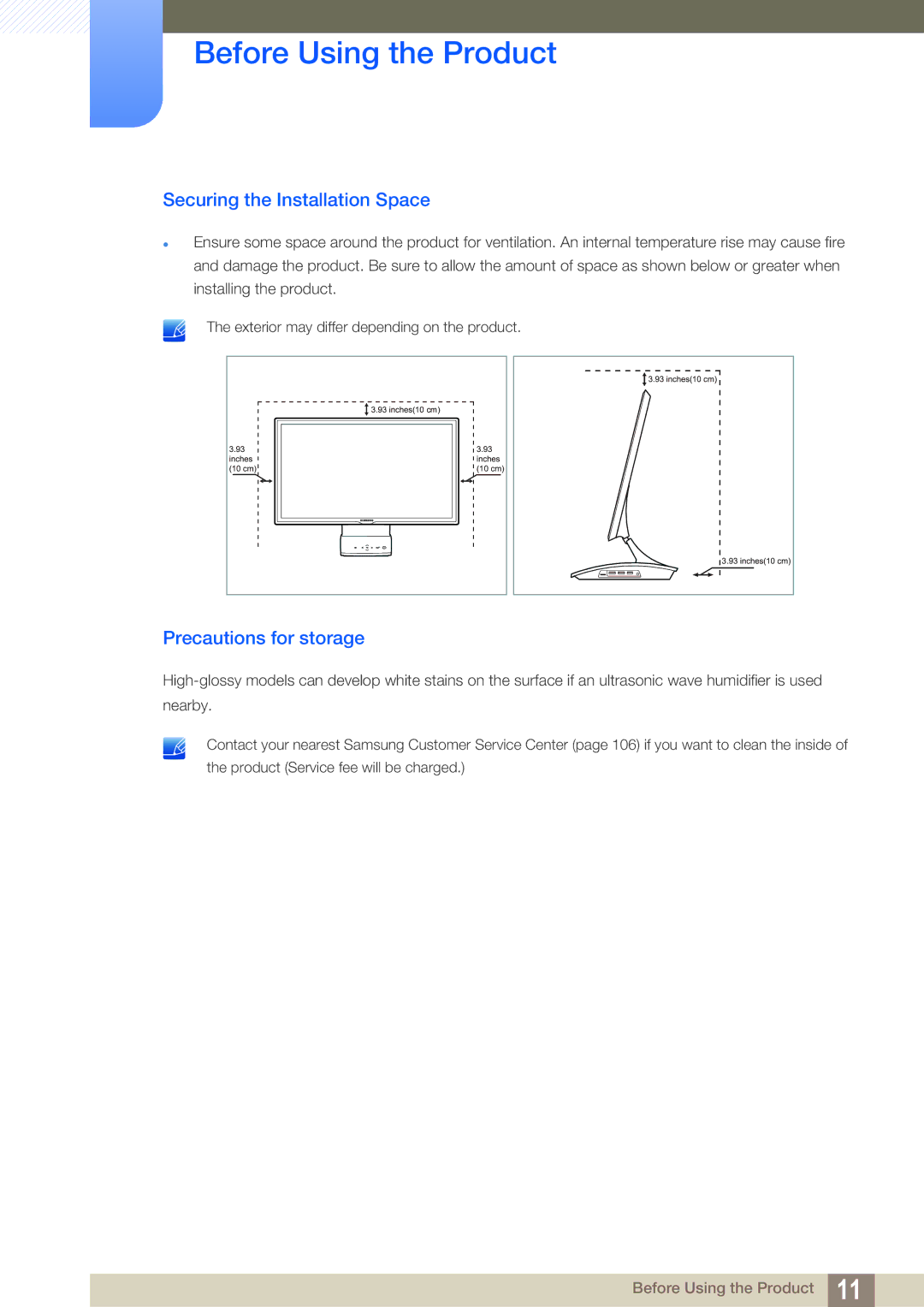 Samsung LC22B350US/CI manual Securing the Installation Space, Precautions for storage 