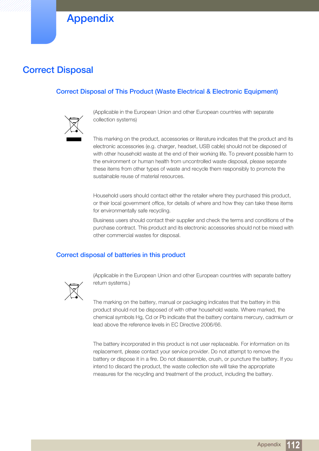 Samsung LC22B350US/CI manual Correct Disposal, Correct disposal of batteries in this product 