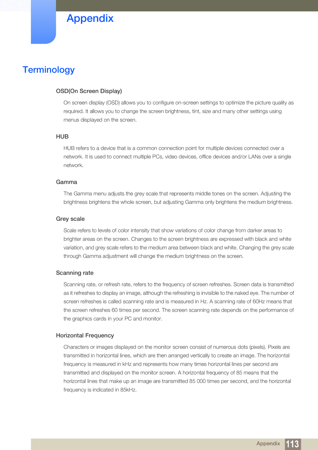 Samsung LC22B350US/CI manual Terminology, OSDOn Screen Display 