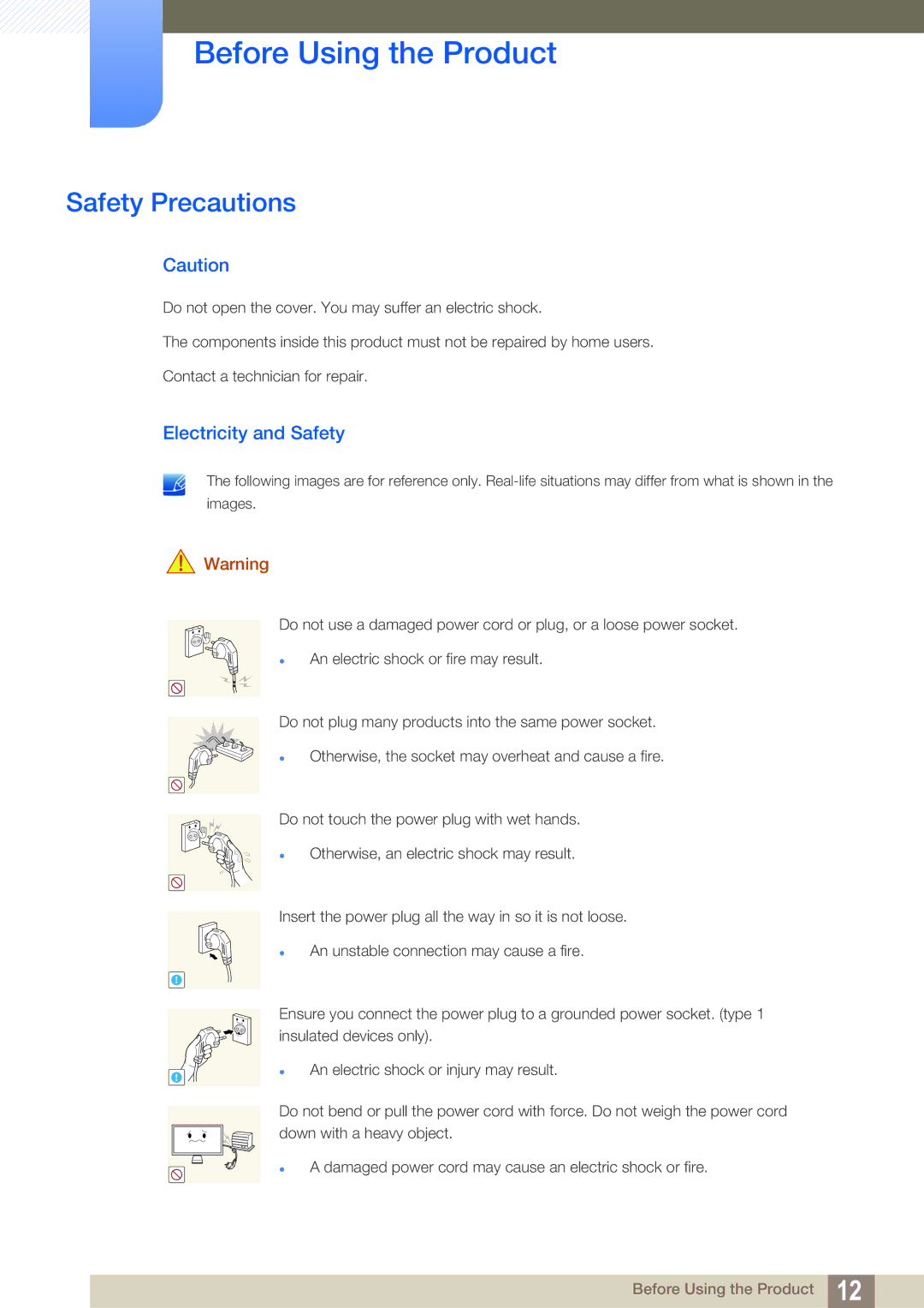 Samsung LC22B350US/CI manual Safety Precautions, Electricity and Safety 