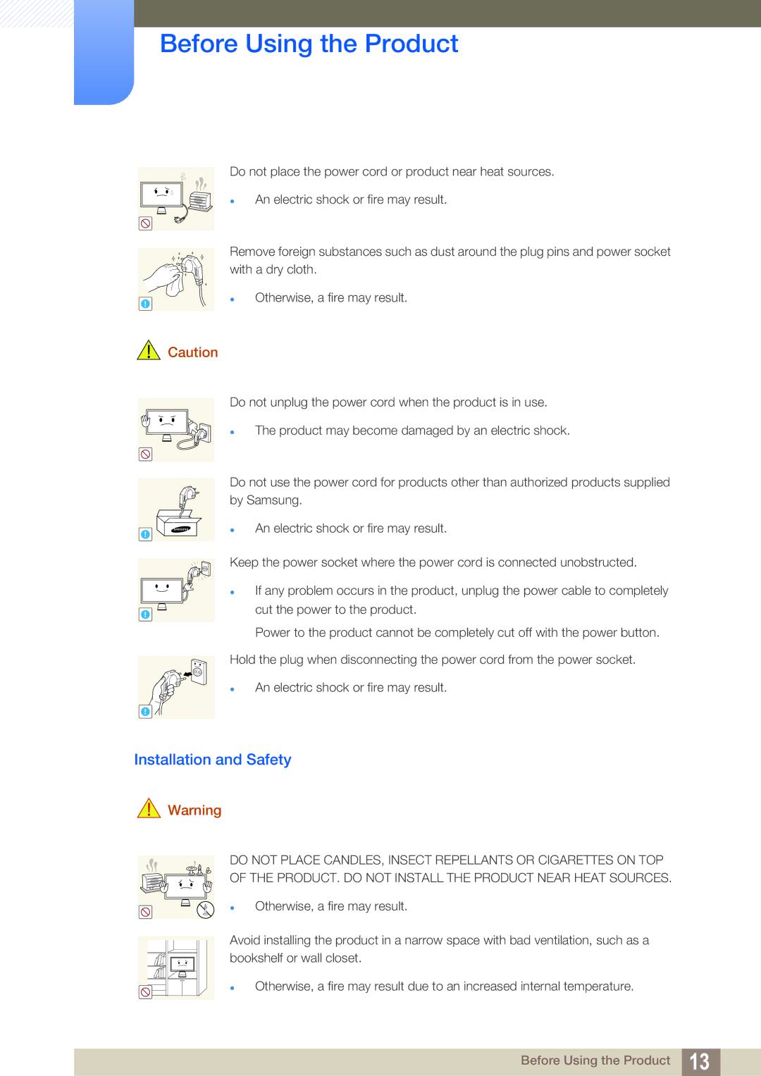 Samsung LC22B350US/CI manual Installation and Safety, Otherwise, a fire may result 