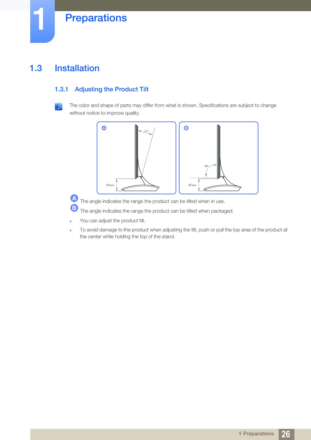 Samsung LC22B350US/CI manual Installation, Adjusting the Product Tilt 