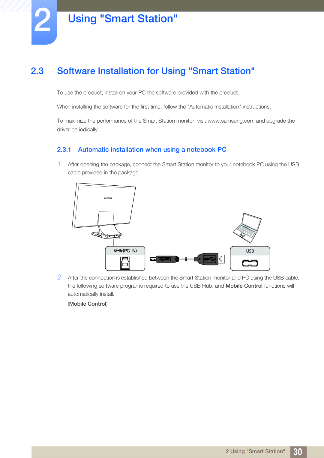 Samsung LC22B350US/CI manual Software Installation for Using Smart Station, Automatic installation when using a notebook PC 