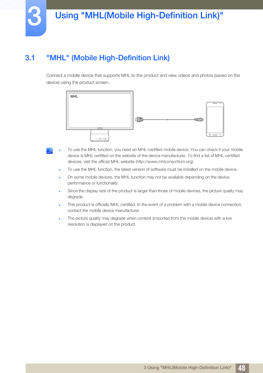 Samsung LC22B350US/CI manual Using MHLMobile High-Definition Link, MHL Mobile High-Definition Link 