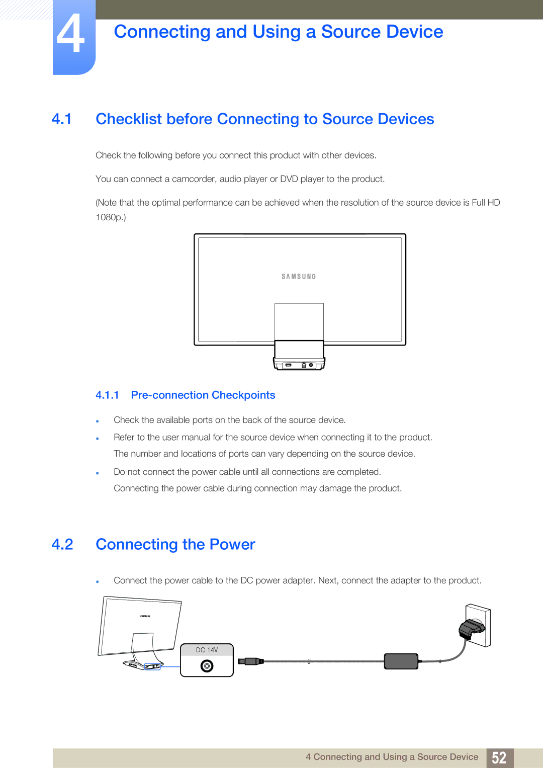 Samsung LC22B350US/CI manual Connecting and Using a Source Device, Checklist before Connecting to Source Devices 