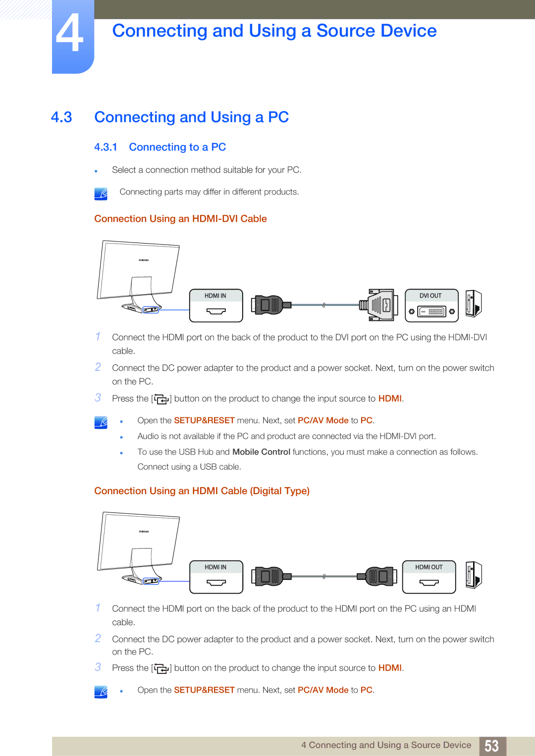 Samsung LC22B350US/CI manual Connecting and Using a PC, Connecting to a PC, Connection Using an HDMI-DVI Cable 