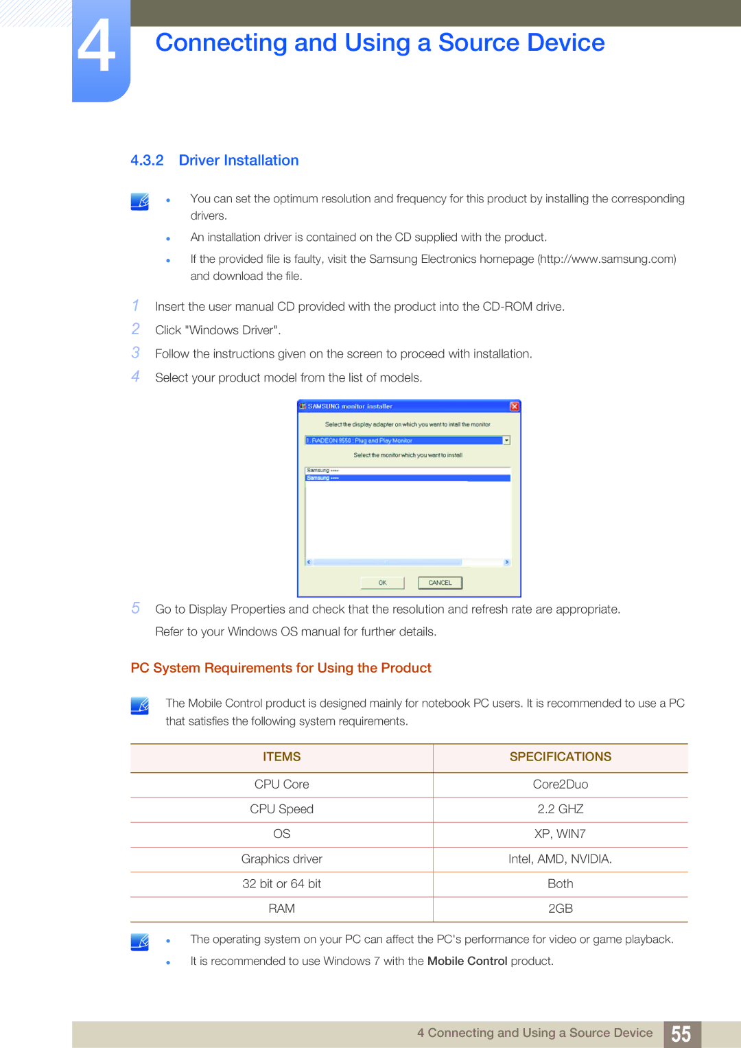 Samsung LC22B350US/CI manual Driver Installation, PC System Requirements for Using the Product 