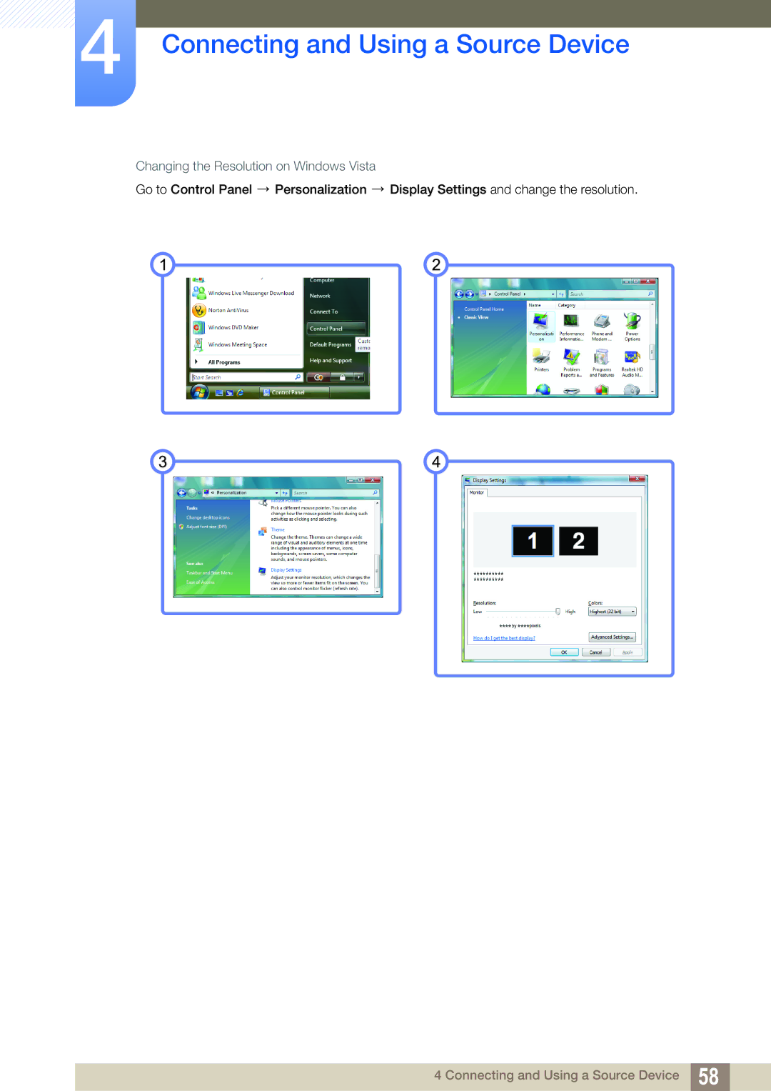 Samsung LC22B350US/CI manual Changing the Resolution on Windows Vista 