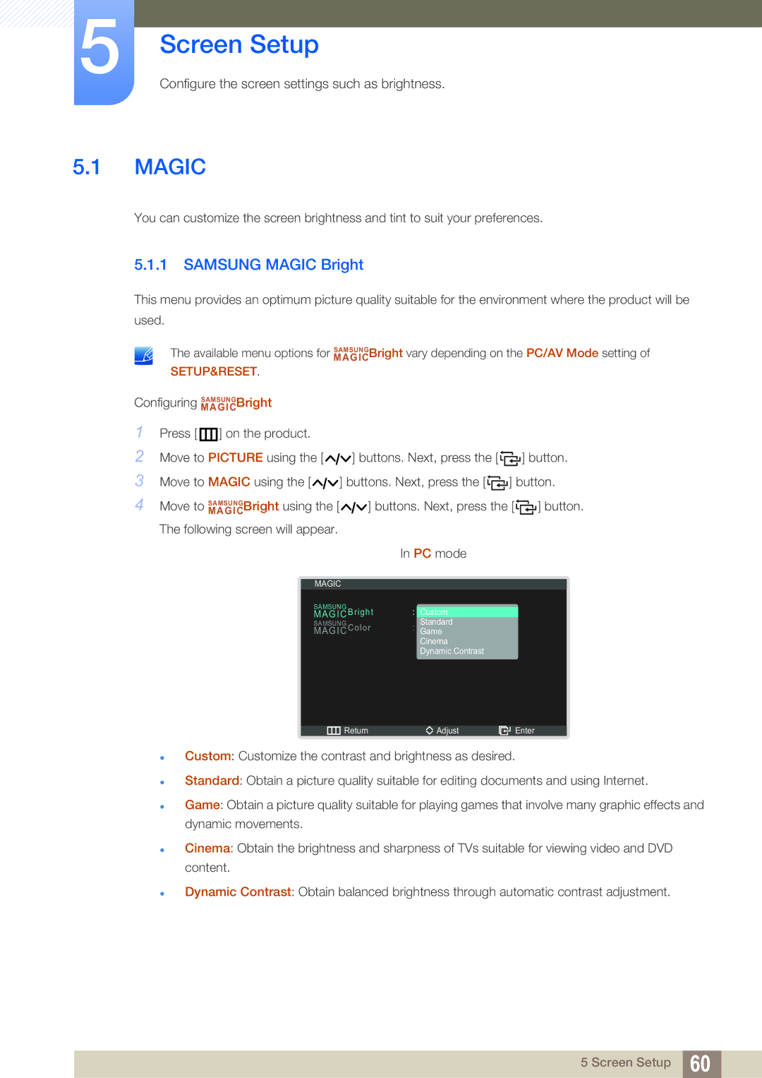 Samsung LC22B350US/CI manual Screen Setup, Samsung Magic Bright 