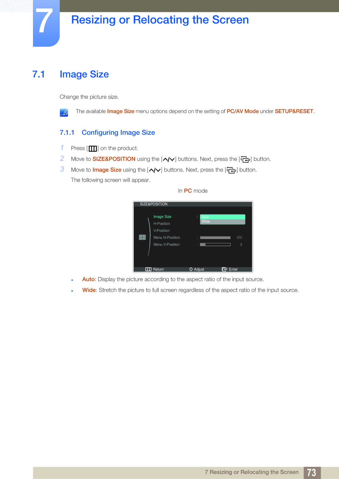 Samsung LC22B350US/CI manual Resizing or Relocating the Screen, Configuring Image Size 