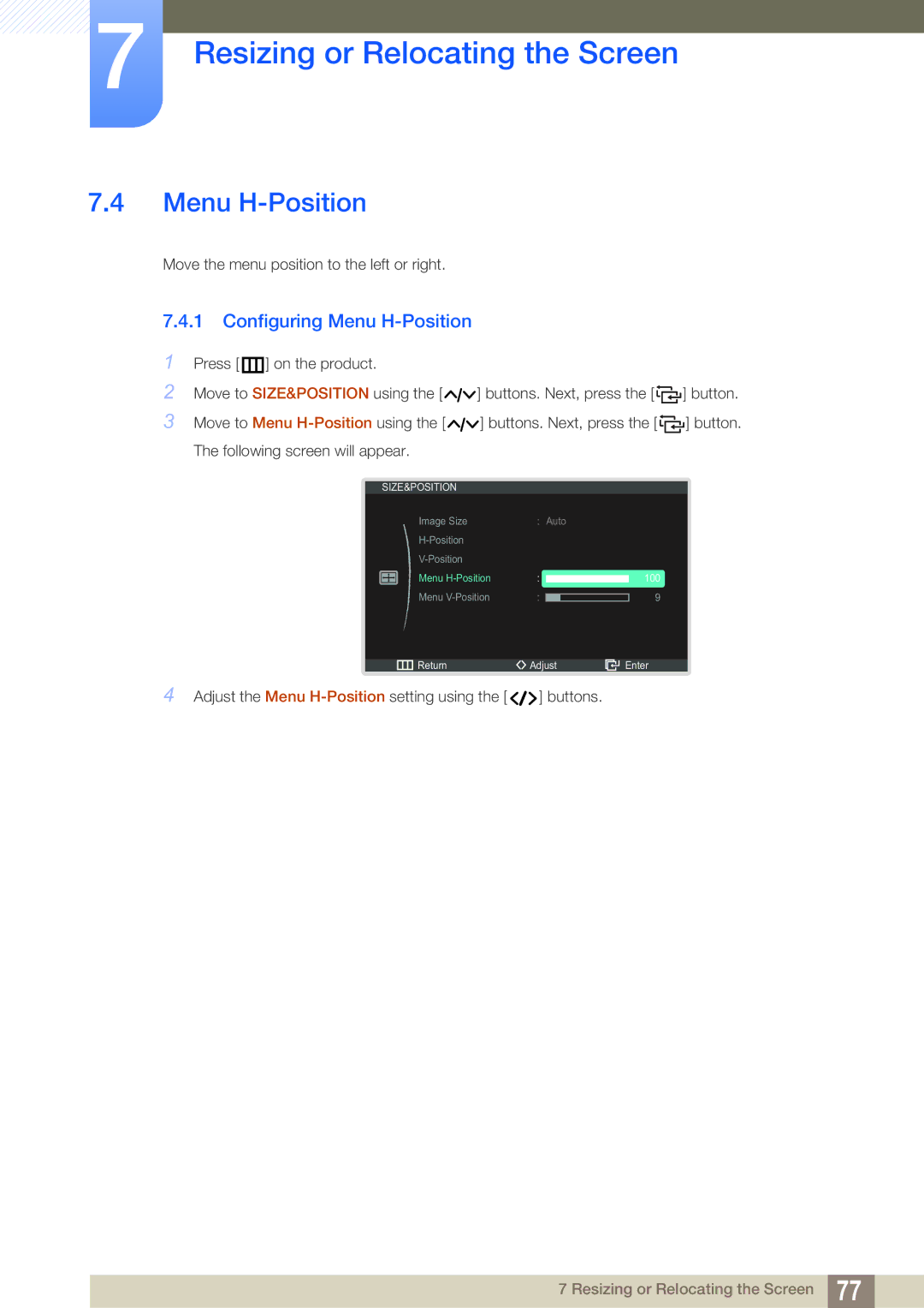 Samsung LC22B350US/CI manual Configuring Menu H-Position 