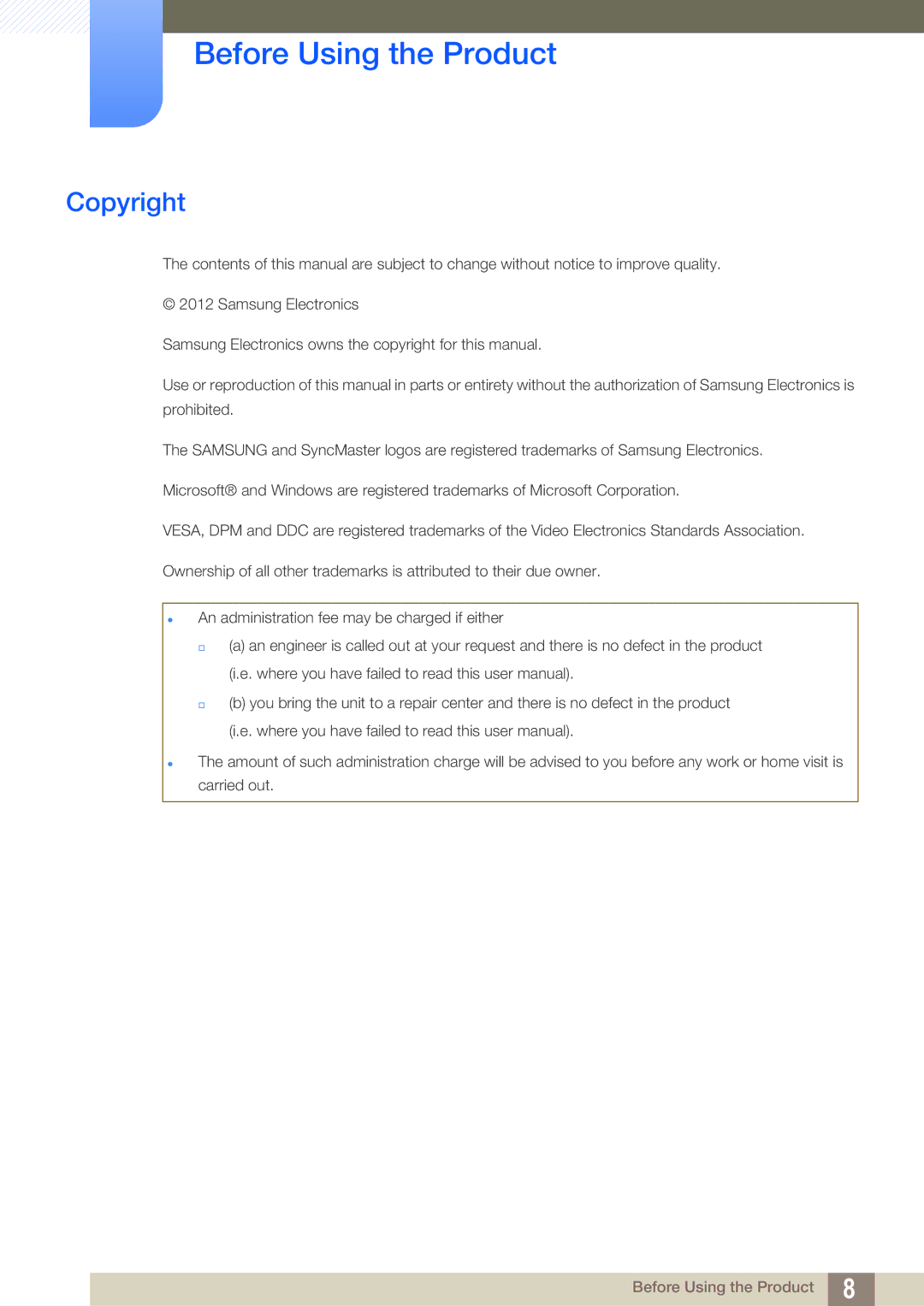 Samsung LC22B350US/CI manual Before Using the Product, Copyright 