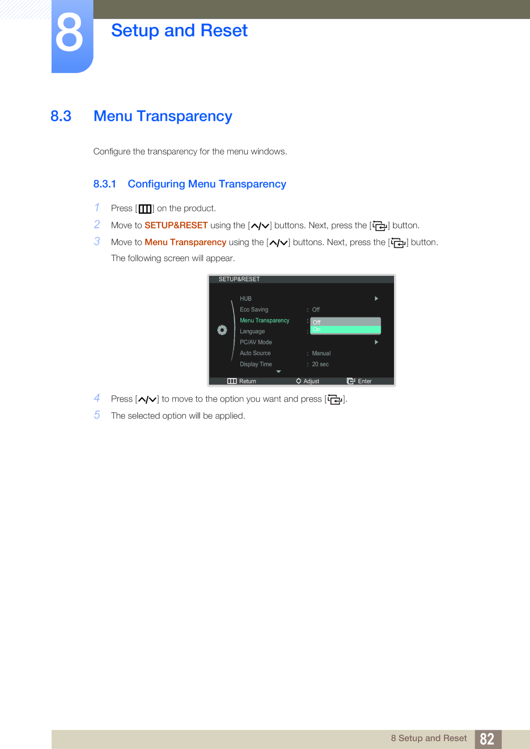 Samsung LC22B350US/CI manual Configuring Menu Transparency 