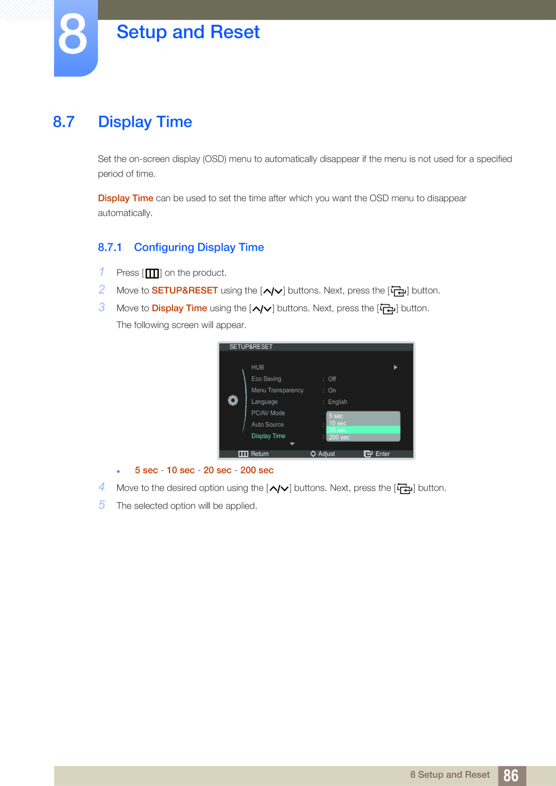 Samsung LC22B350US/CI manual Configuring Display Time 