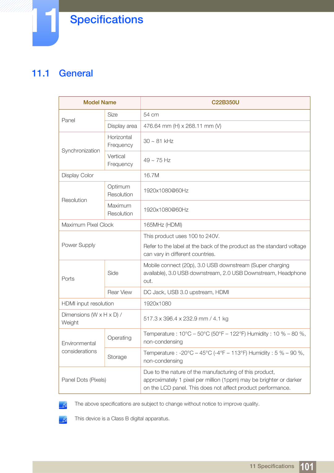 Samsung LC22B350US/CI manual Specifications, General 