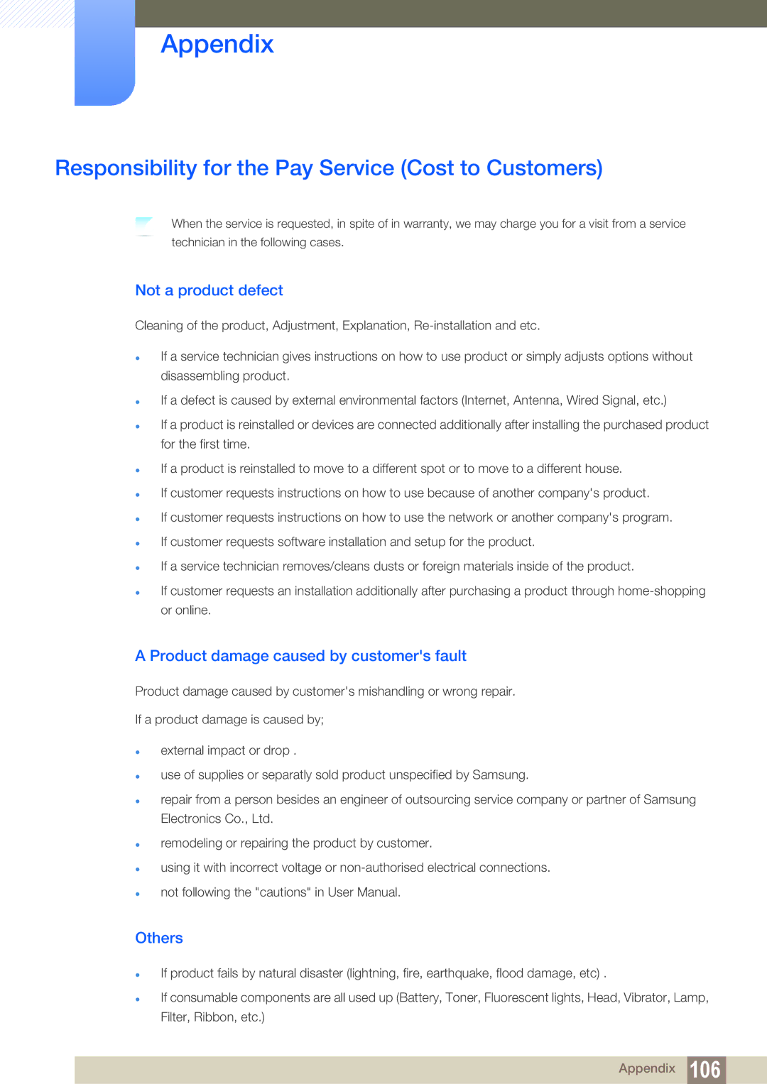 Samsung LC22B350US/CI manual Responsibility for the Pay Service Cost to Customers, Not a product defect, Others 