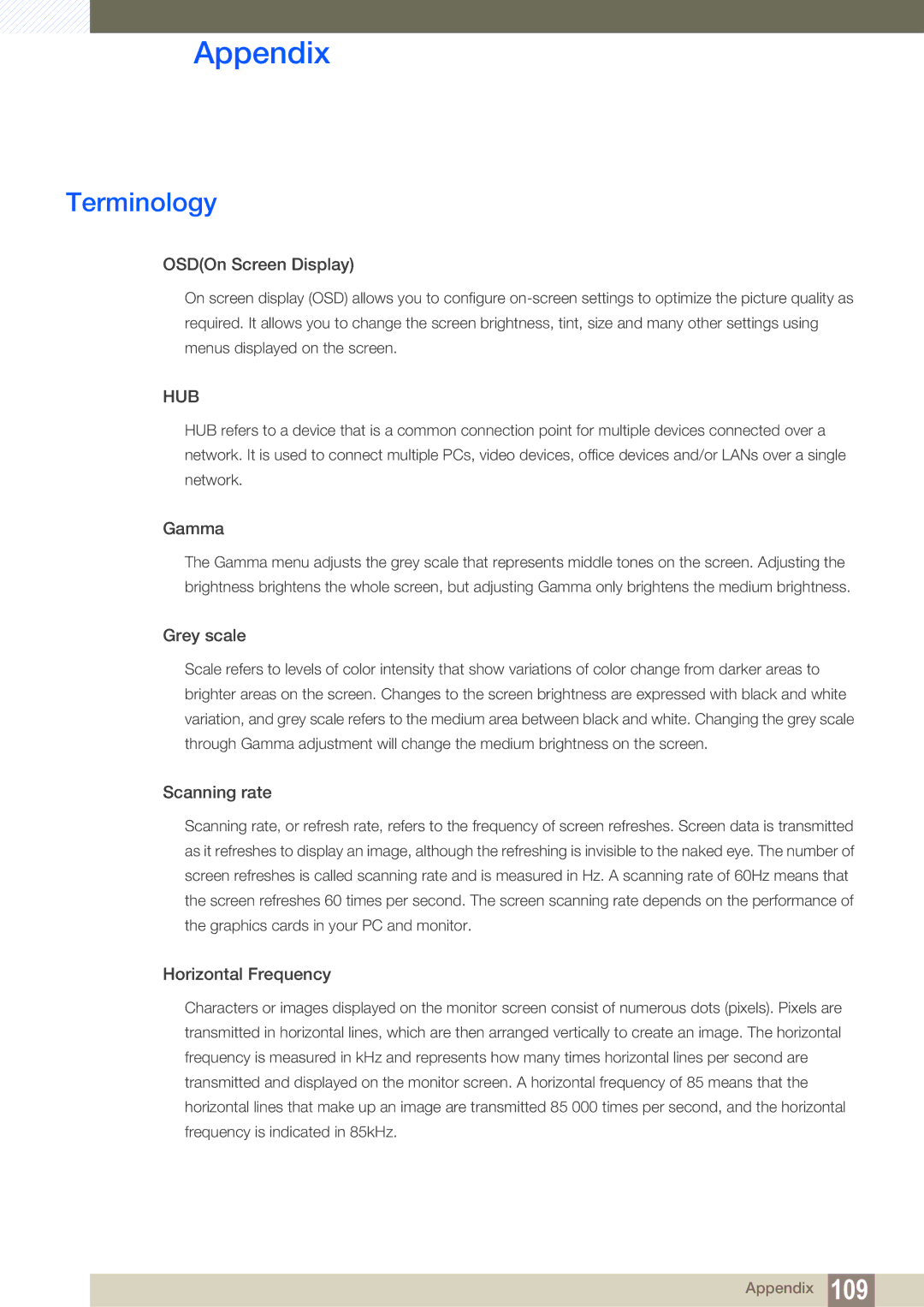 Samsung LC22B350US/CI manual Terminology, OSDOn Screen Display 