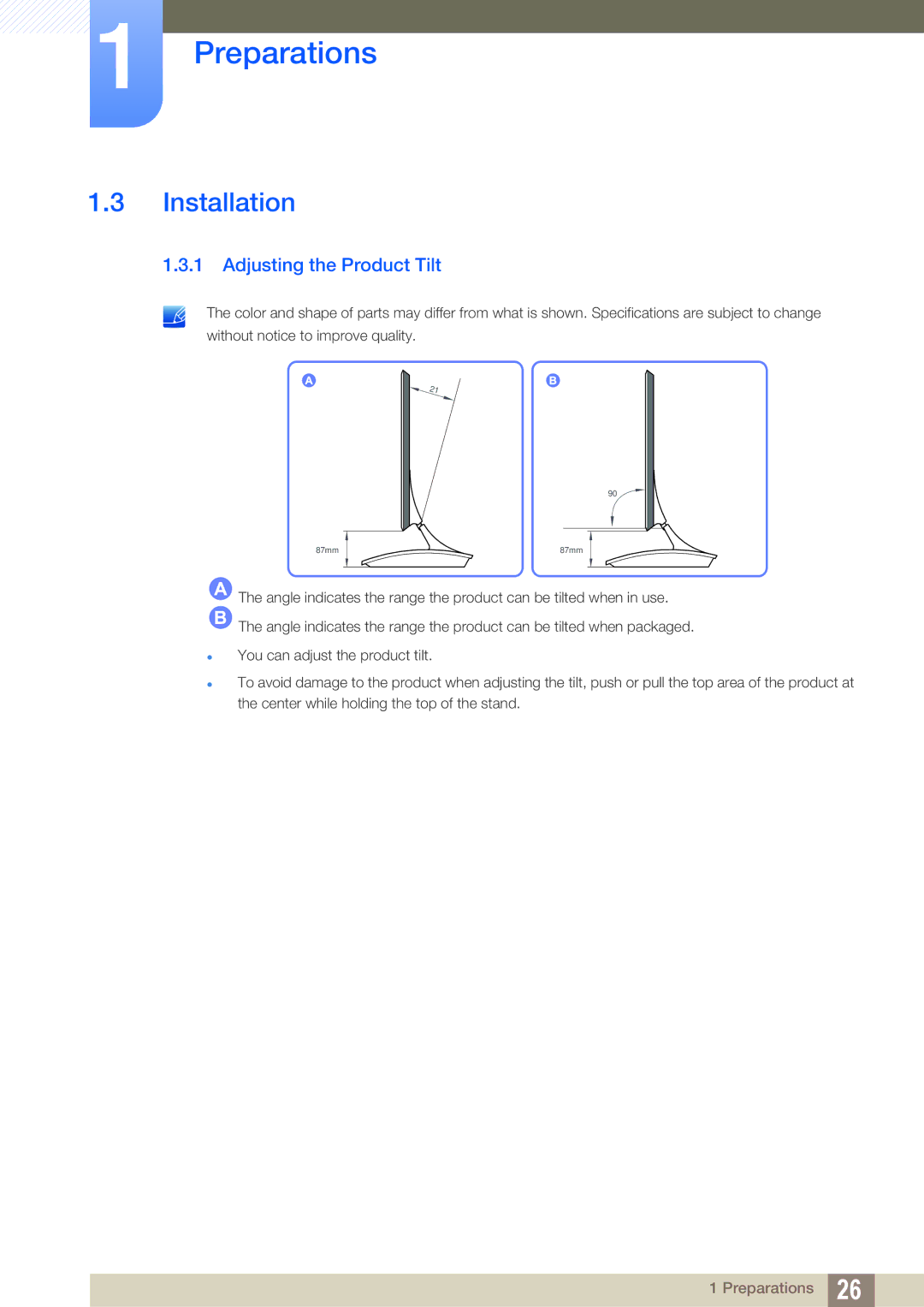 Samsung LC22B350US/CI manual Installation, Adjusting the Product Tilt 