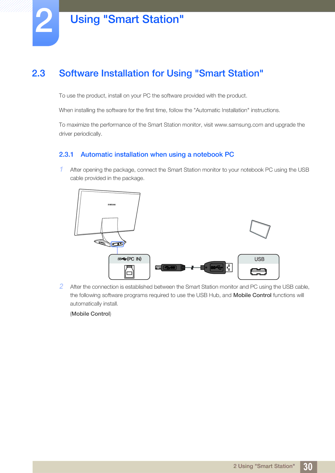 Samsung LC22B350US/CI manual Software Installation for Using Smart Station, Automatic installation when using a notebook PC 