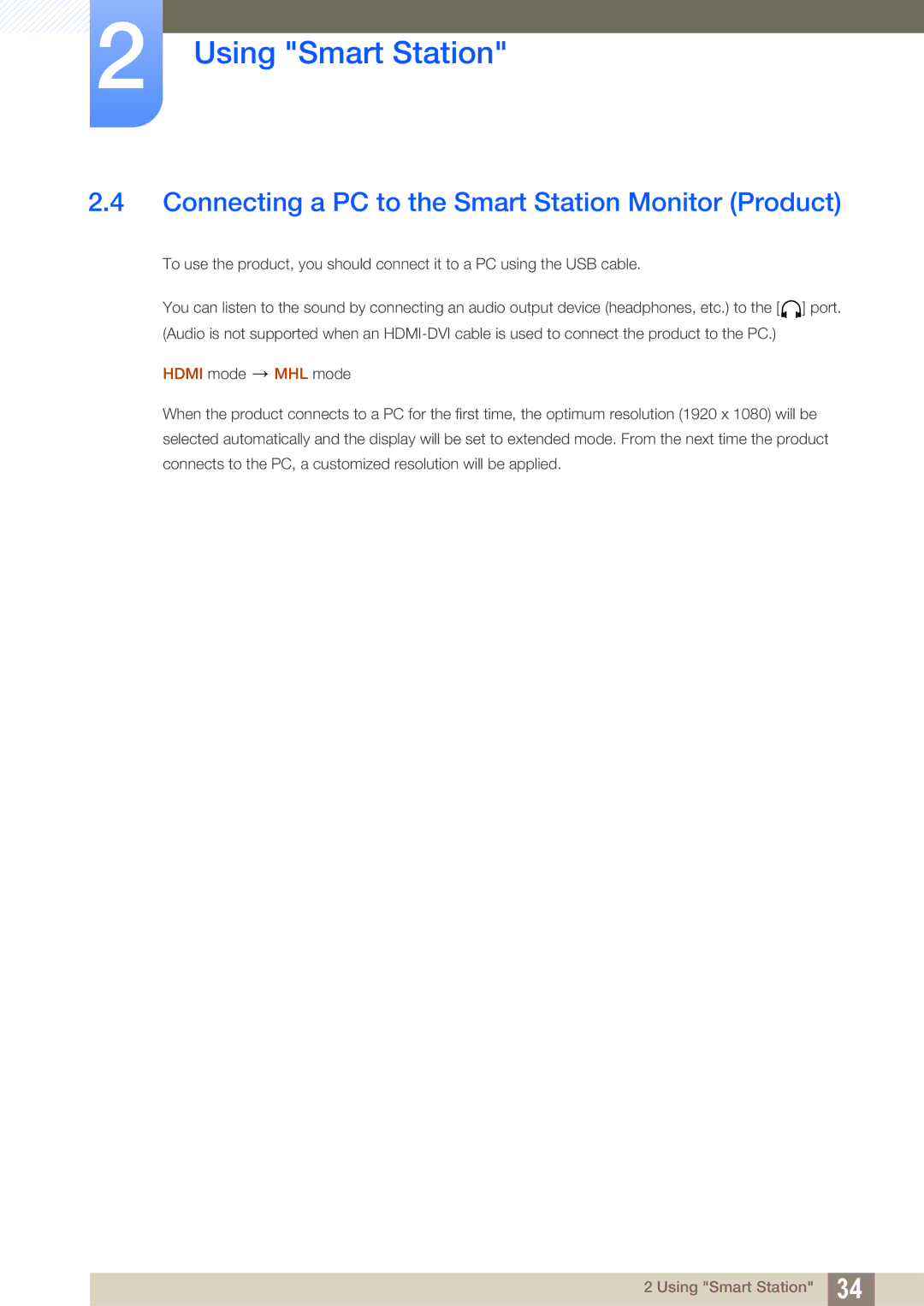 Samsung LC22B350US/CI manual Connecting a PC to the Smart Station Monitor Product, Hdmi mode MHL mode 