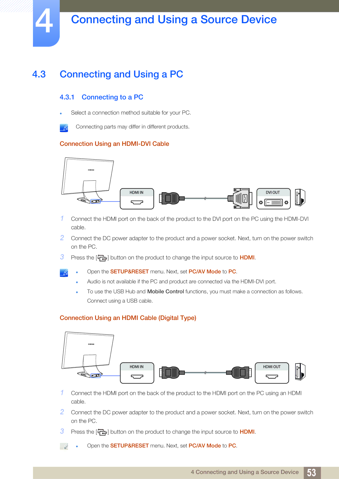 Samsung LC22B350US/CI manual Connecting and Using a PC, Connecting to a PC, Connection Using an HDMI-DVI Cable 