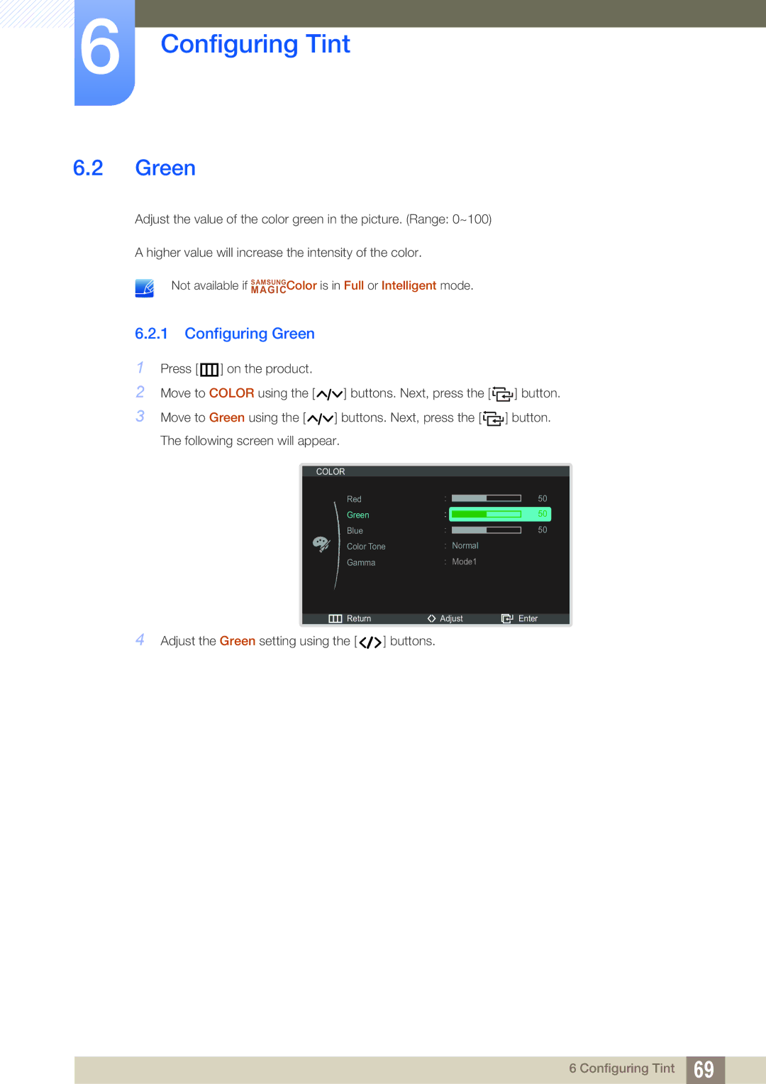 Samsung LC22B350US/CI manual Configuring Green 