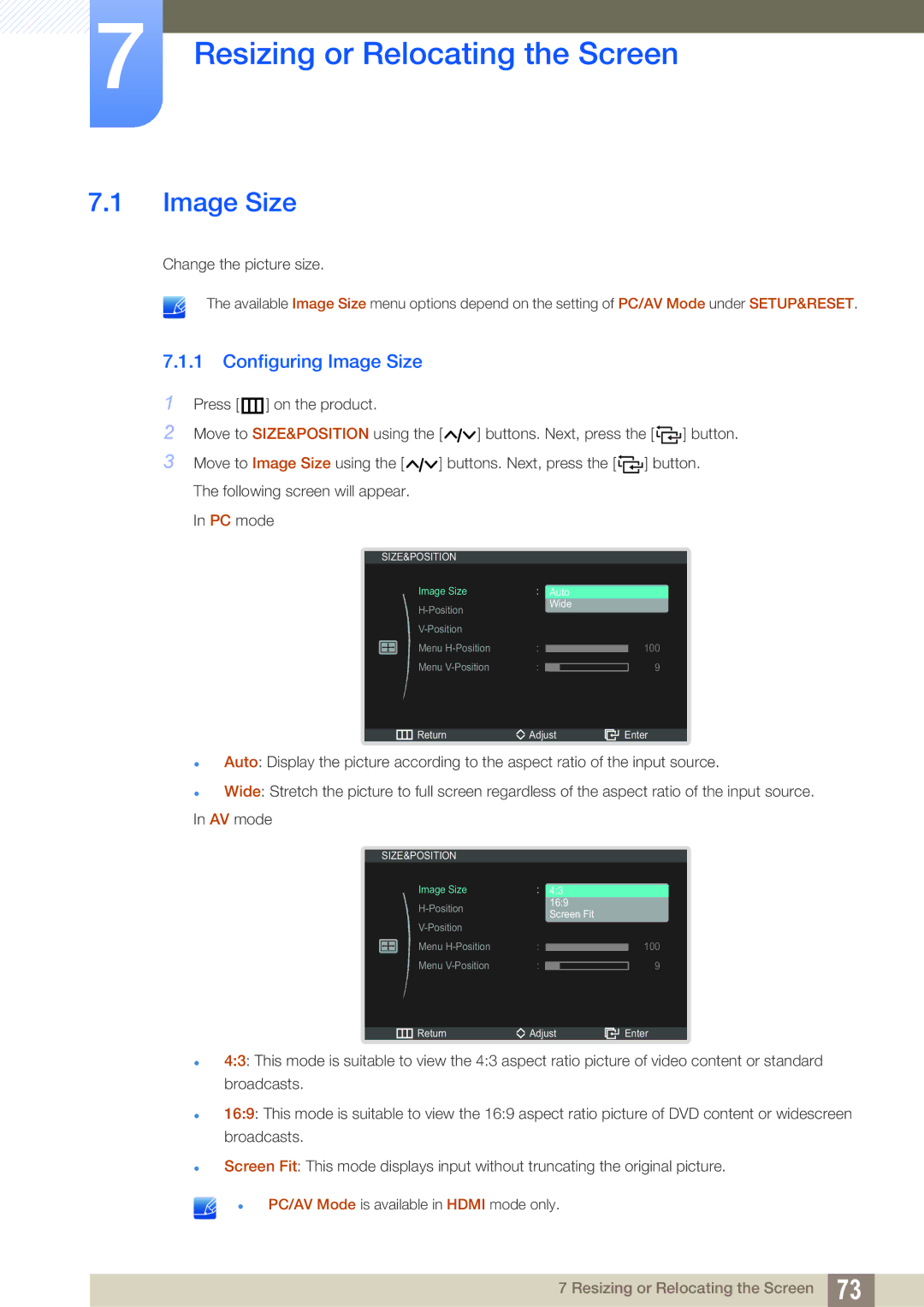 Samsung LC22B350US/CI manual Resizing or Relocating the Screen, Configuring Image Size 