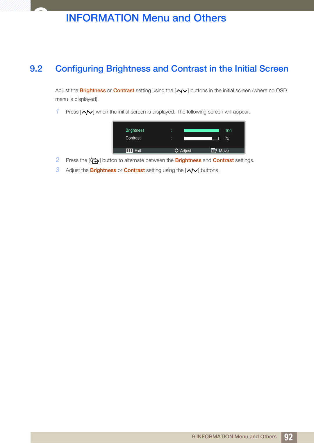 Samsung LC22B350US/CI manual Configuring Brightness and Contrast in the Initial Screen 