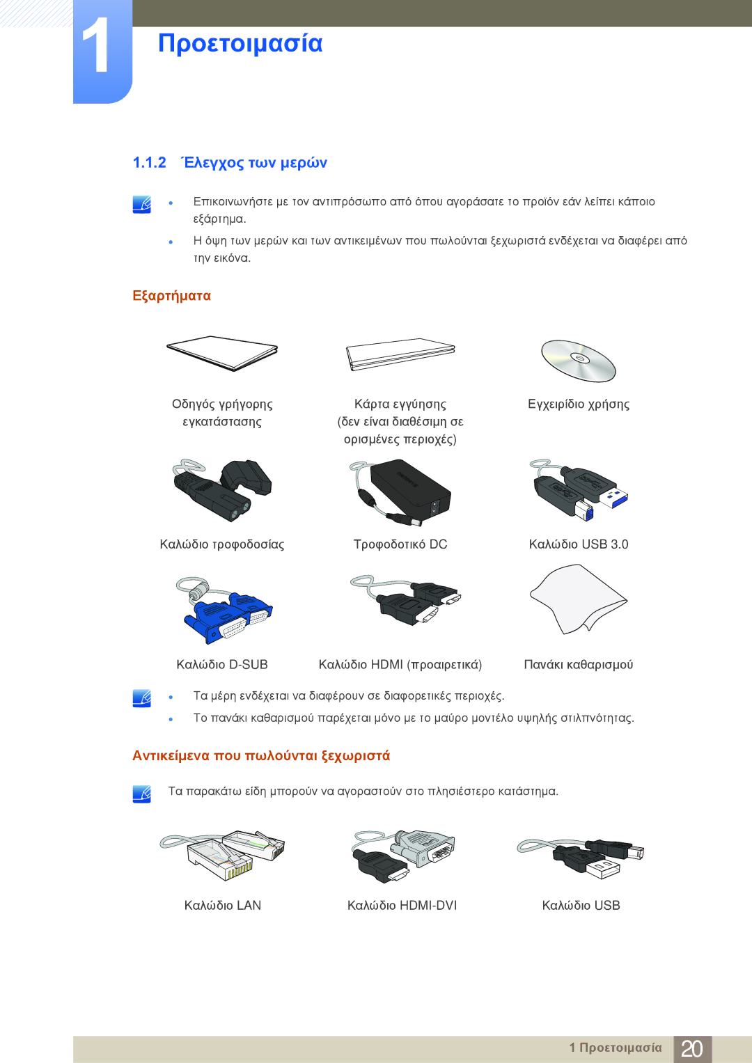 Samsung LC23A550US/EN manual 2 Έλεγχος των μερών, Εξαρτήματα, Αντικείμενα που πωλούνται ξεχωριστά 