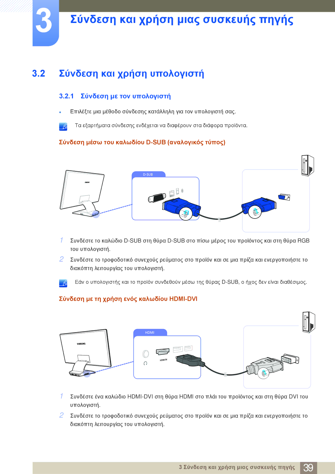 Samsung LC23A550US/EN manual Σύνδεση και χρήση υπολογιστή, 1 Σύνδεση με τον υπολογιστή 